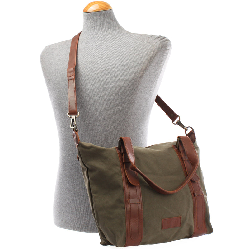 Leconi Schultertasche Henkeltasche Handtasche Leder Canvas grün LE0049 Begrenzte Freigabe