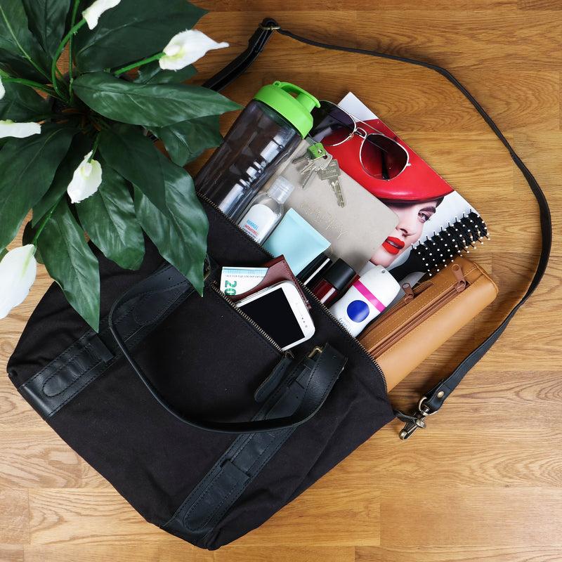Leconi Schultertasche Henkeltasche Handtasche Leder Canvas schwarz LE0049 Letzte 3 Tage