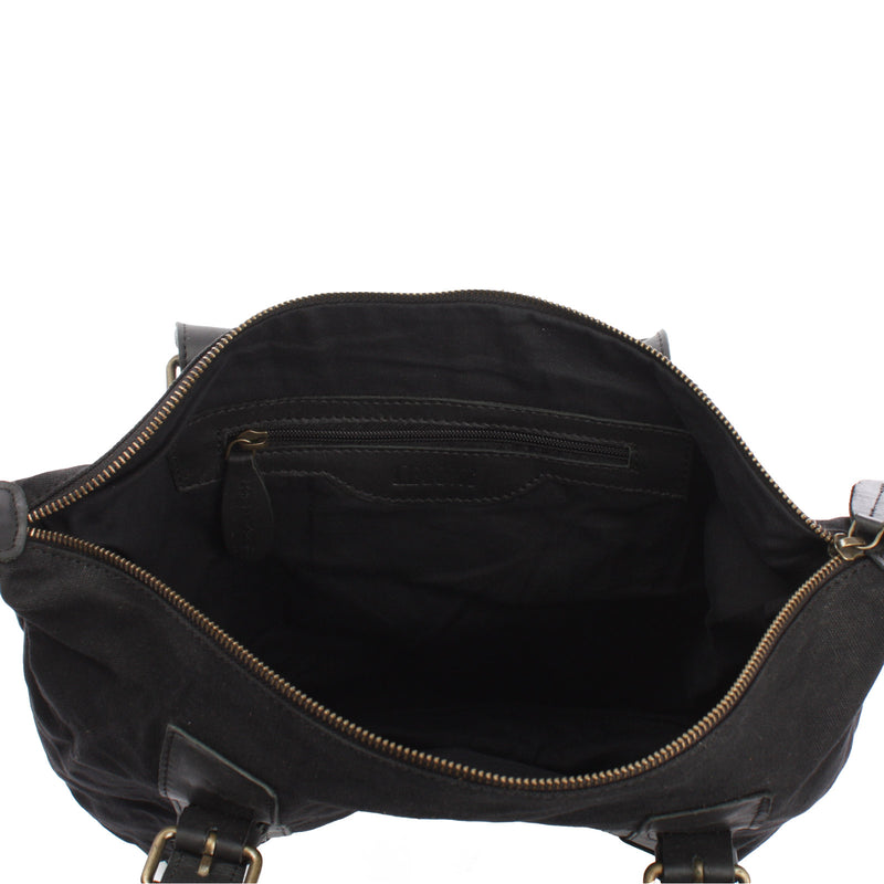 Leconi Schultertasche Henkeltasche Handtasche Leder Canvas schwarz LE0049 Letzte 3 Tage