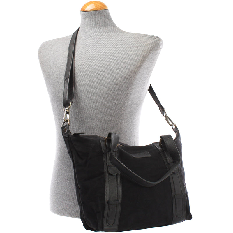 Leconi Schultertasche Henkeltasche Handtasche Leder Canvas schwarz LE0049 Letzte 3 Tage