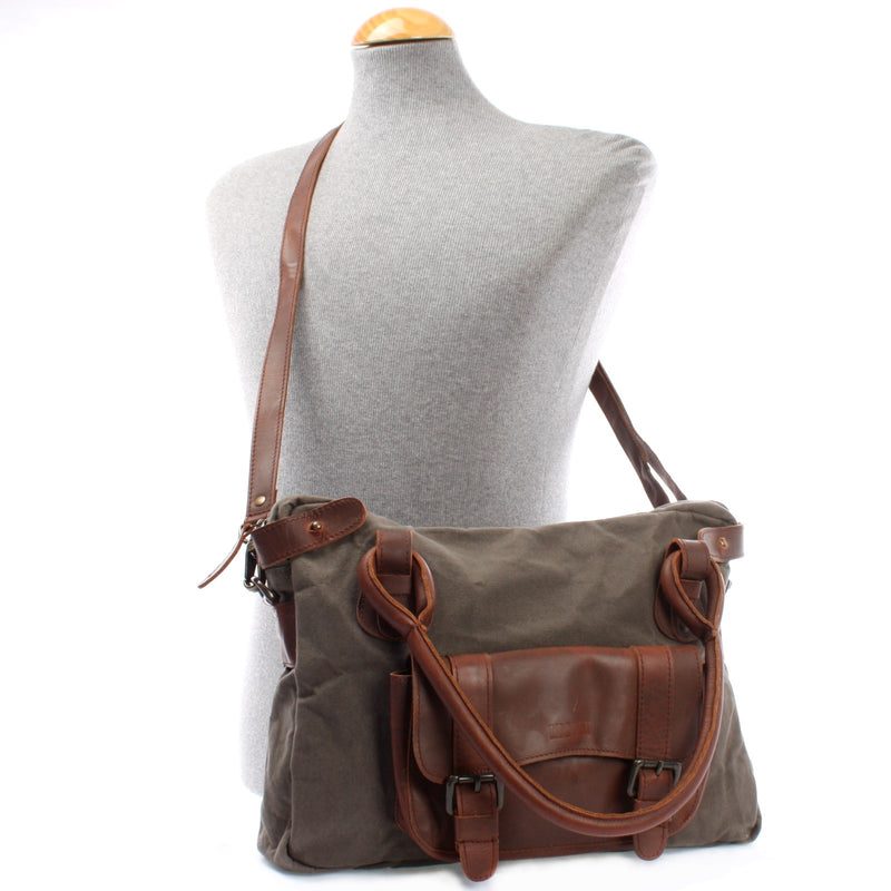 Leconi Schultertasche Henkeltasche Damentasche Handtasche Leder Canvas grau LE0050 Neueste Stile