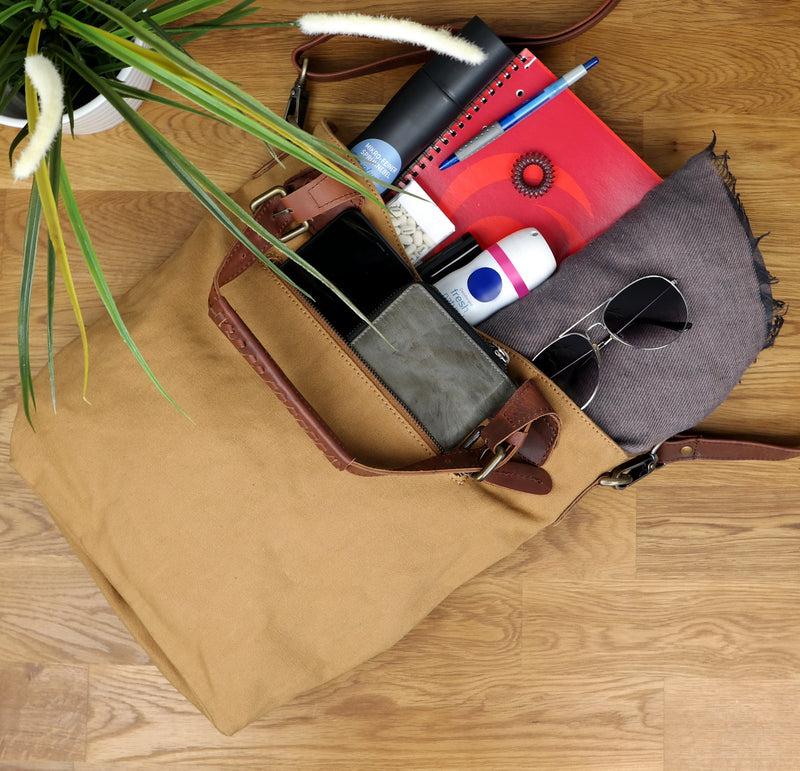 Leconi Schultertasche Umhängetasche Henkeltasche Shopper Damentasche Canvas Leder cognac LE0054 Bis zu 65% Rabatt