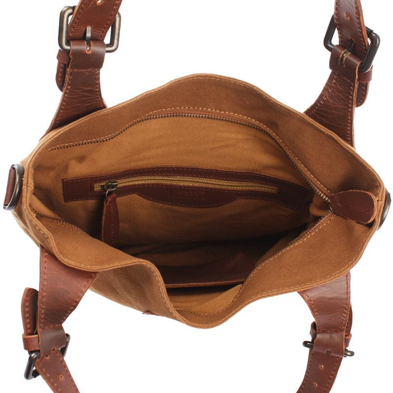 Leconi Schultertasche Umhängetasche Henkeltasche Shopper Damentasche Canvas Leder cognac LE0054 Bis zu 65% Rabatt