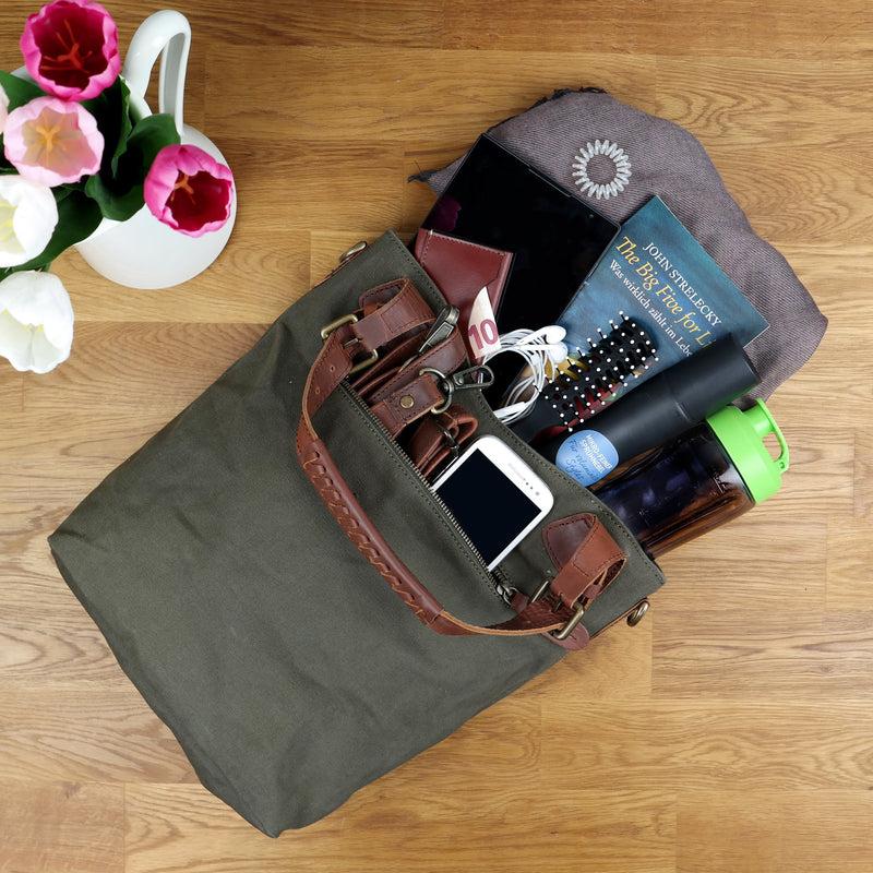 Leconi Schultertasche Umhängetasche Henkeltasche Shopper Damentasche Canvas Leder grün LE0054 Sonderangebot der Fabrik