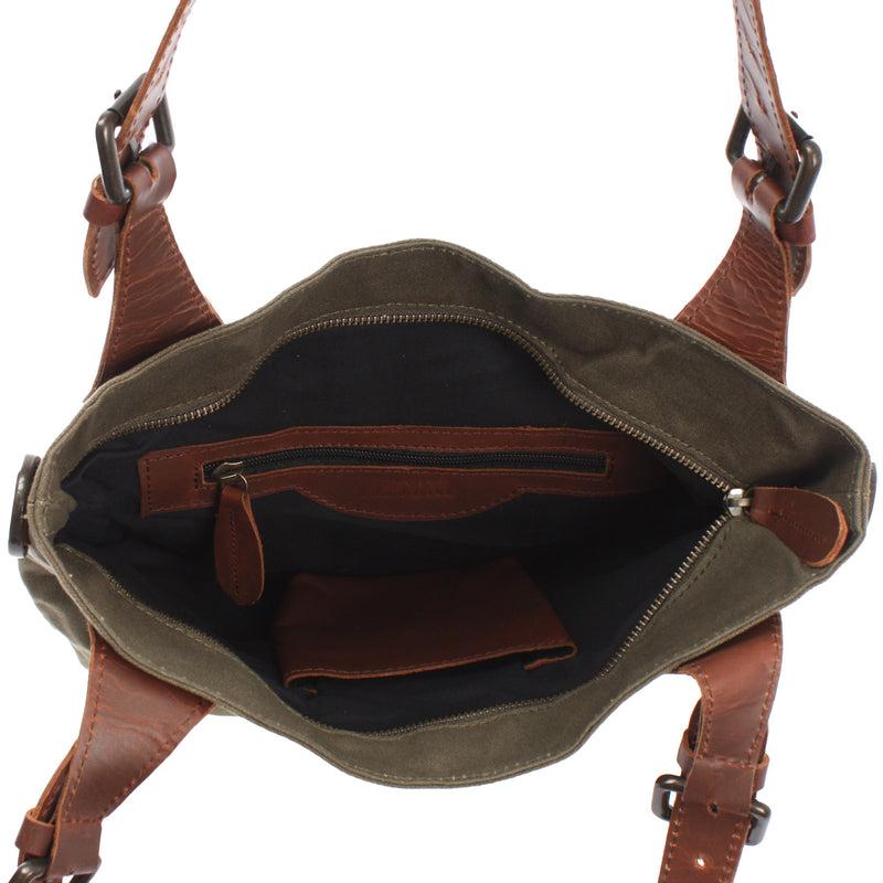 Leconi Schultertasche Umhängetasche Henkeltasche Shopper Damentasche Canvas Leder grün LE0054 Sonderangebot der Fabrik