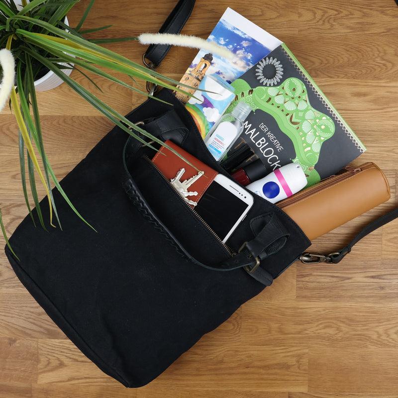 Leconi Schultertasche Umhängetasche Henkeltasche Shopper Damentasche Canvas Leder schwarz LE0054 Vierteljährliche Förderung