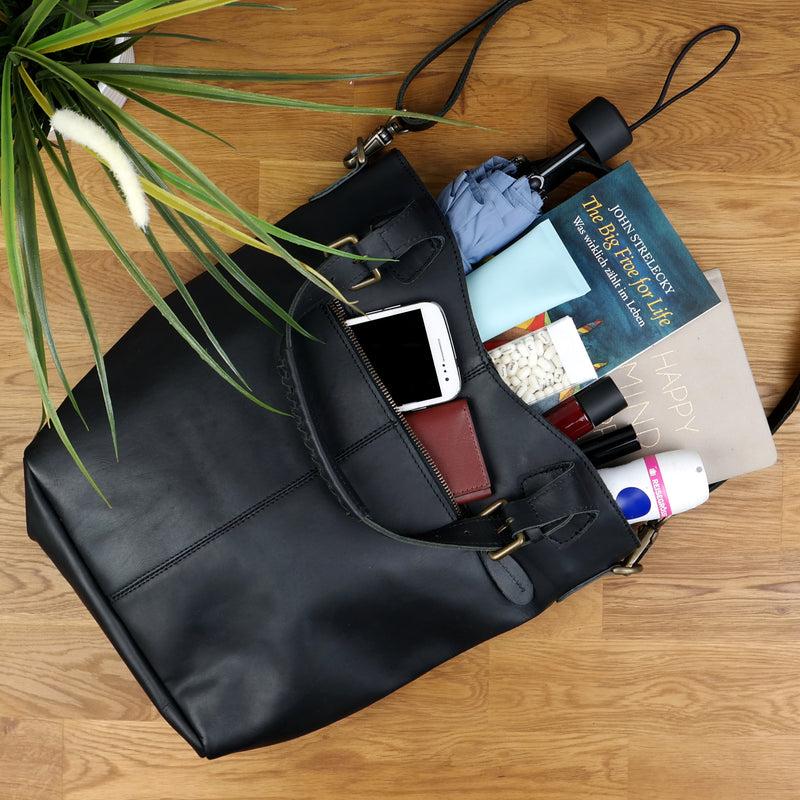 Leconi Umhängetasche Schultertasche Henkeltasche Damentasche Leder schwarz LE0054 Nur noch ein Tag übrig