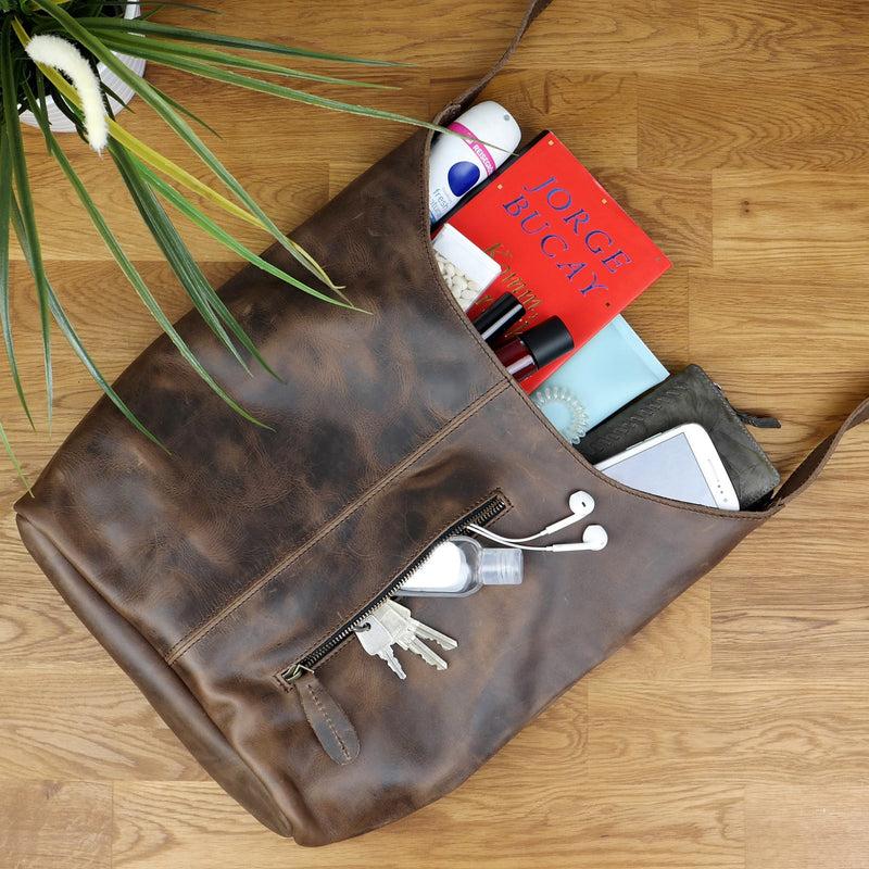 Leconi große Umhängetasche Schultertasche Beuteltasche Damentasche Leder schlamm LE0055 Super Rabatt