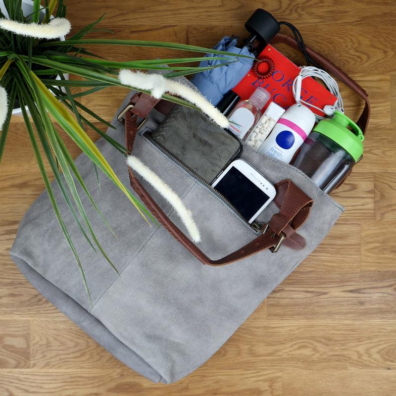 Leconi Henkeltasche Damentasche Veloursleder Leder grau LE0033 Fabrikladen
