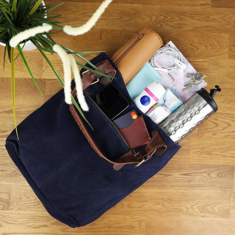 Leconi Henkeltasche Damentasche Veloursleder Leder navy LE0033 Begrenzt auf 3 Tage