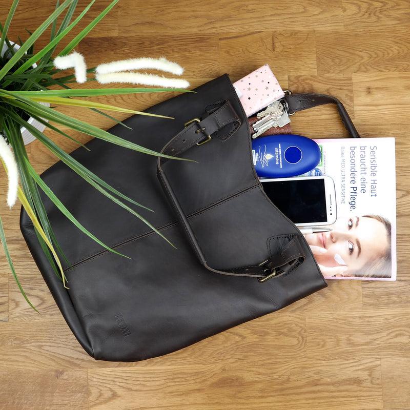 Leconi Henkeltasche Schultertasche Shopper Leder dunkelbraun LE0033 Im Verkauf