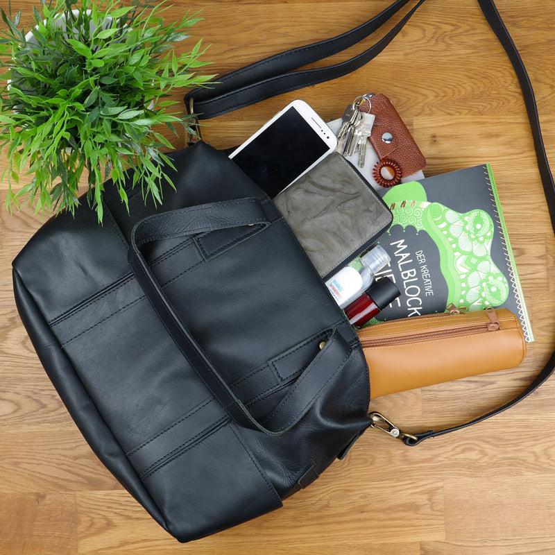 Leconi Shopper Schultertasche Henkeltasche Leder schwarz LE0034 Verkauf