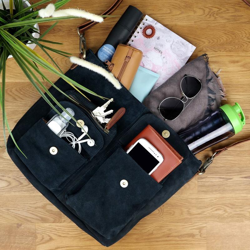 Leconi Schultertasche Umhängetasche Ledertasche Veloursleder anthrazit LE0039 Fabrikverkauf