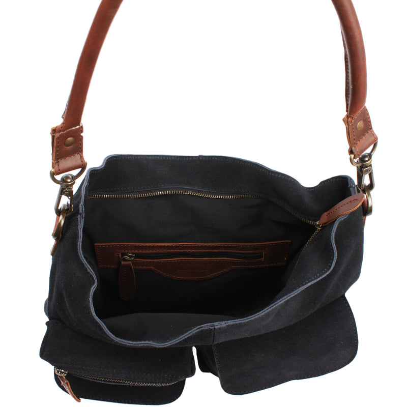 Leconi Schultertasche Umhängetasche Ledertasche Veloursleder anthrazit LE0039 Fabrikverkauf