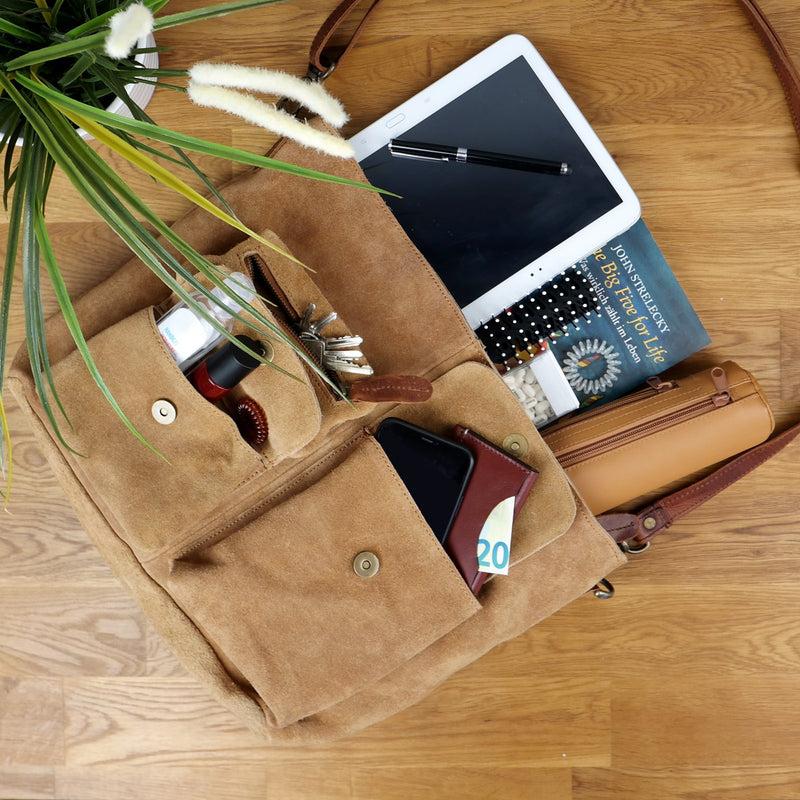 Leconi Schultertasche Umhängetasche Ledertasche Veloursleder cognac LE0039 Meist gekauft