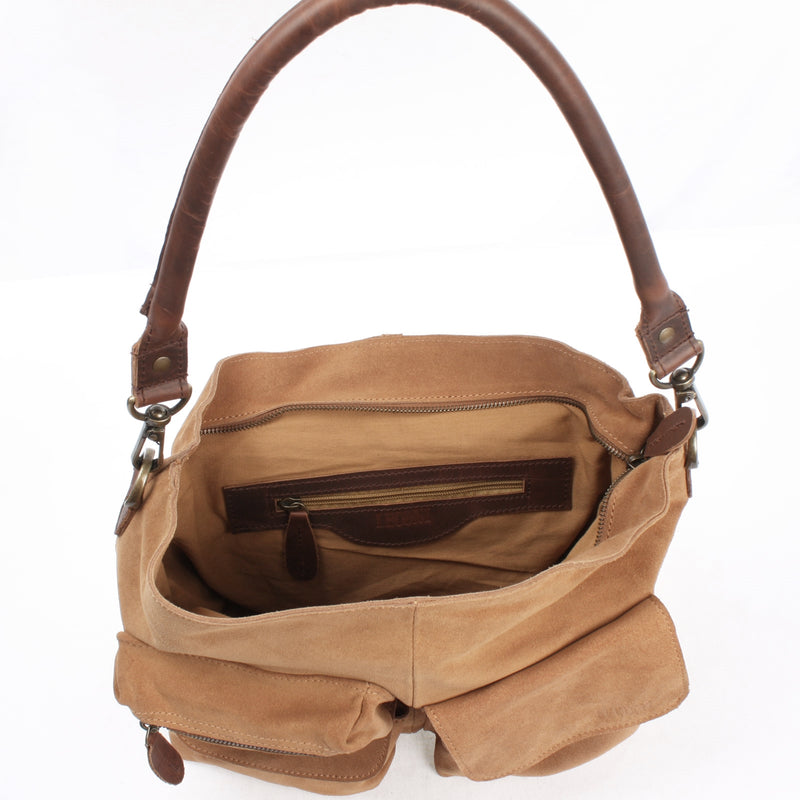 Leconi Schultertasche Umhängetasche Ledertasche Veloursleder cognac LE0039 Meist gekauft
