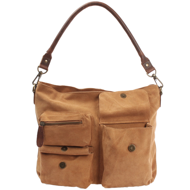 Leconi Schultertasche Umhängetasche Ledertasche Veloursleder cognac LE0039 Meist gekauft