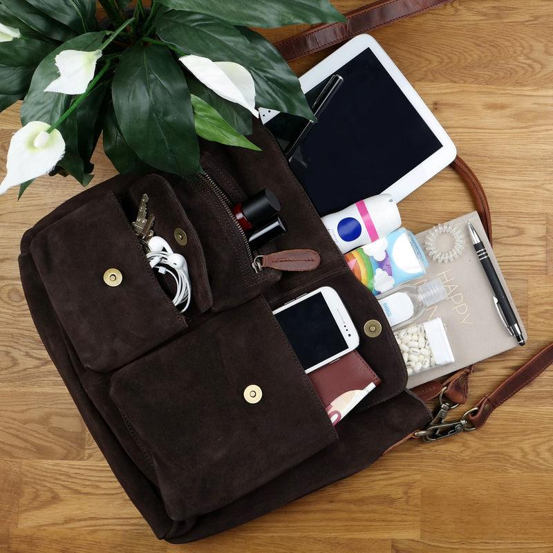 Leconi Schultertasche Umhängetasche Ledertasche Veloursleder dunkelbraun LE0039 Blitzverkäufe
