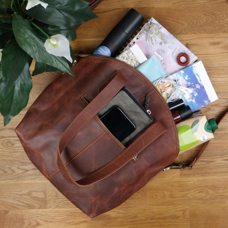 Leconi Shopper Schultertasche Damen Handtasche Ledertasche Henkeltasche Leder braun LE0060 Kostenloser Versand
