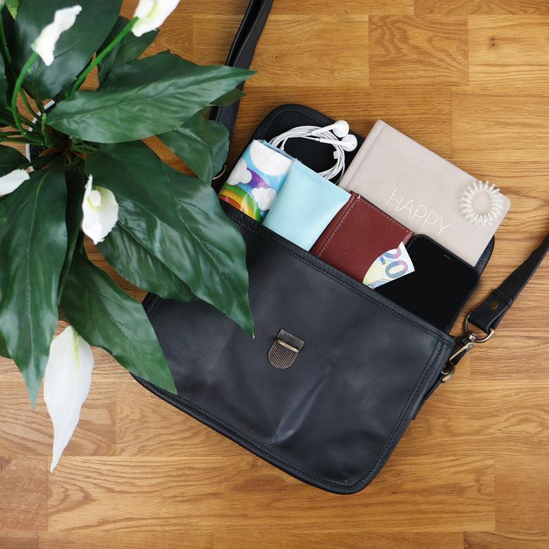 Leconi kleine Schultertasche Umhängetasche Leder Rindsleder schwarz LE3041 Fabrikpreis