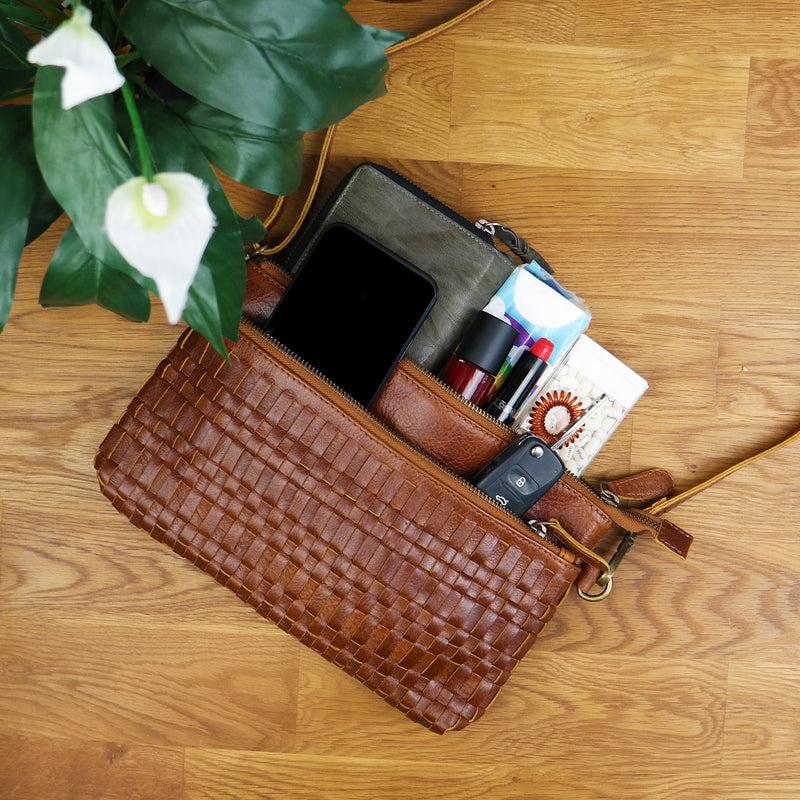 Leconi kleine Umhängetasche Schultertasche Damentasche Clutch Leder braun LE3081 Black Friday