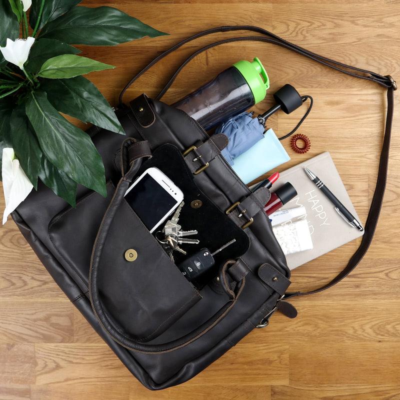 Leconi Schultertasche Henkeltasche Damentasche Handtasche Leder dunkelbraun LE0050 Weihnachtsangebot