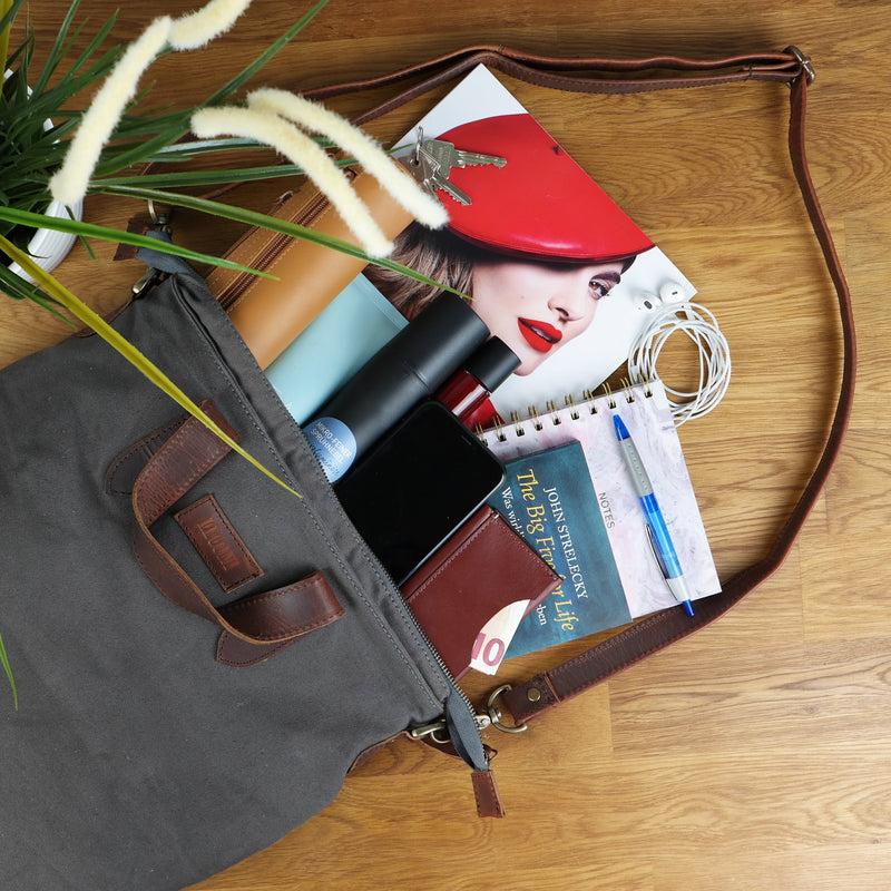 Leconi Shopper Henkeltasche Damen Canvas Leder braun grau LE0037 Jubiläumsangebot