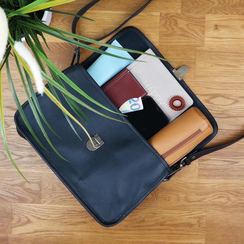 Leconi Schultertasche Umhängetasche Damen Leder gewachstes Rindsleder schwarz LE3044 Exklusive Angebote