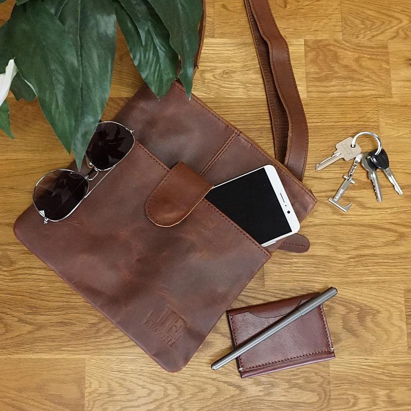 Leconi kleine Umhängetasche Damentasche Herrentasche Ledertasche braun LE3060 Riesige Ersparnisse