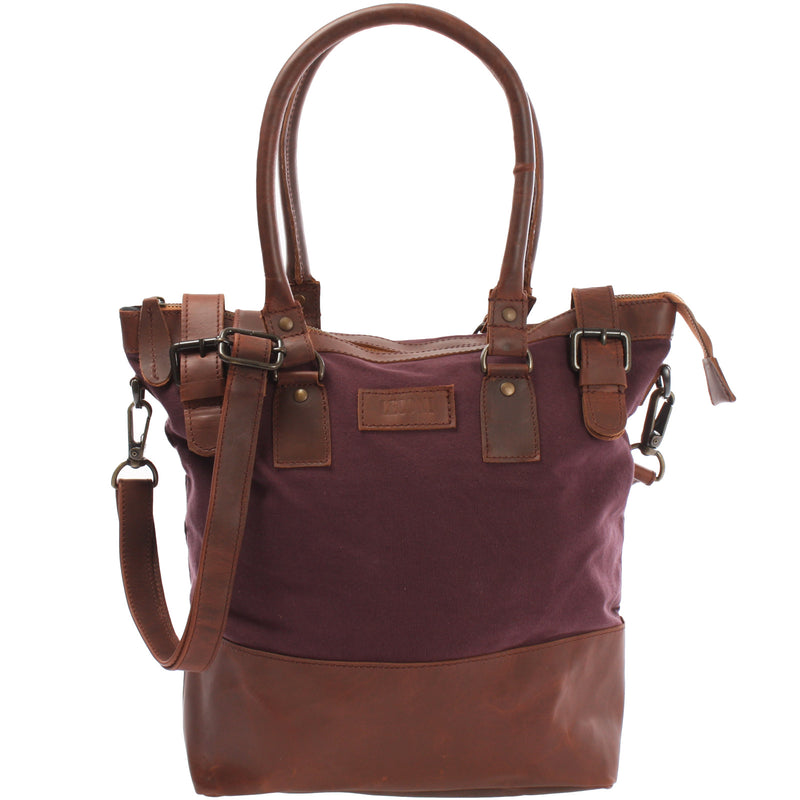 Leconi Schultertasche Handtasche kleiner Shopper Leder Canvas bordeaux LE0056 Super Sparpreis