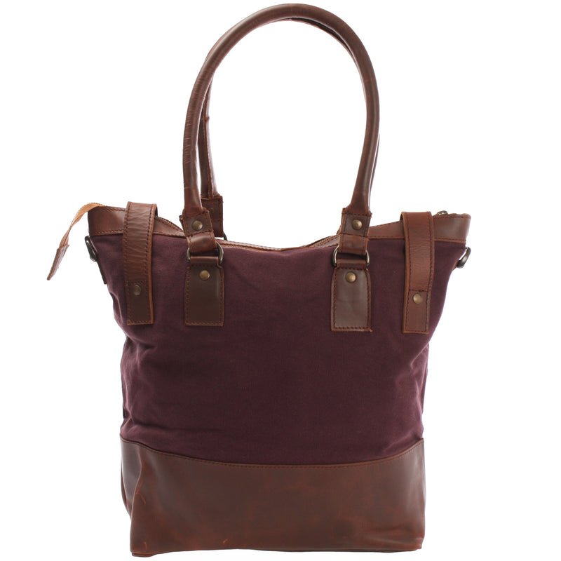Leconi Schultertasche Handtasche kleiner Shopper Leder Canvas bordeaux LE0056 Super Sparpreis
