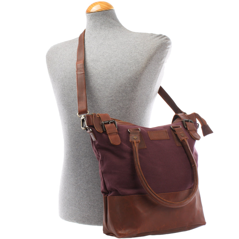 Leconi Schultertasche Handtasche kleiner Shopper Leder Canvas bordeaux LE0056 Super Sparpreis