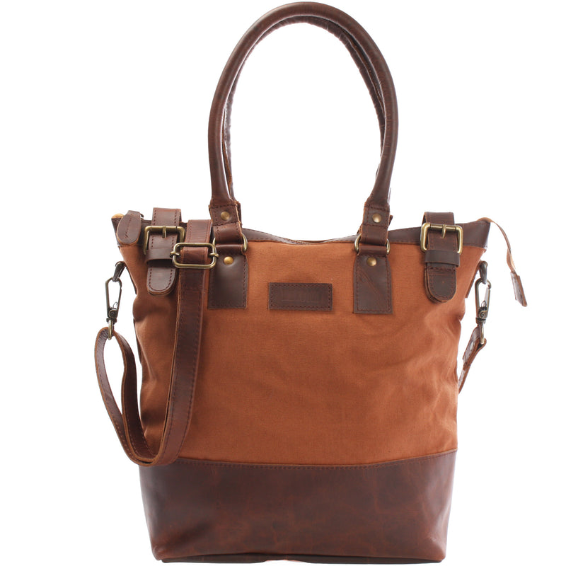 Leconi Schultertasche Handtasche kleiner Shopper Leder Canvas cognac LE0056 Wochenangebot