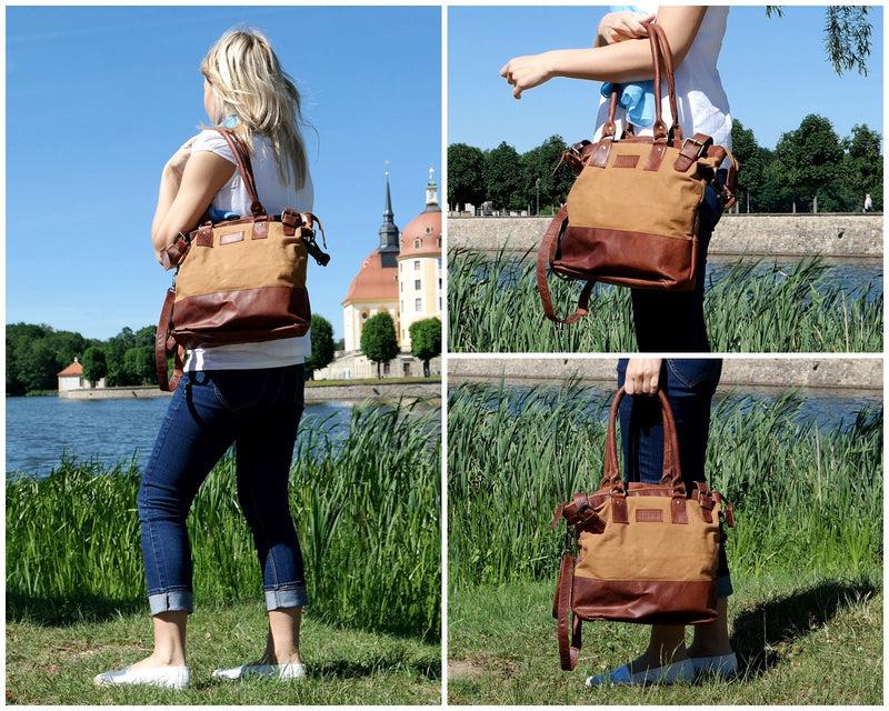 Leconi Schultertasche Handtasche kleiner Shopper Leder Canvas cognac LE0056 Wochenangebot