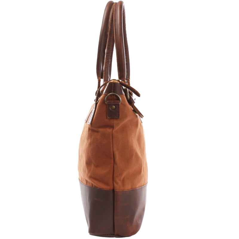 Leconi Schultertasche Handtasche kleiner Shopper Leder Canvas cognac LE0056 Wochenangebot