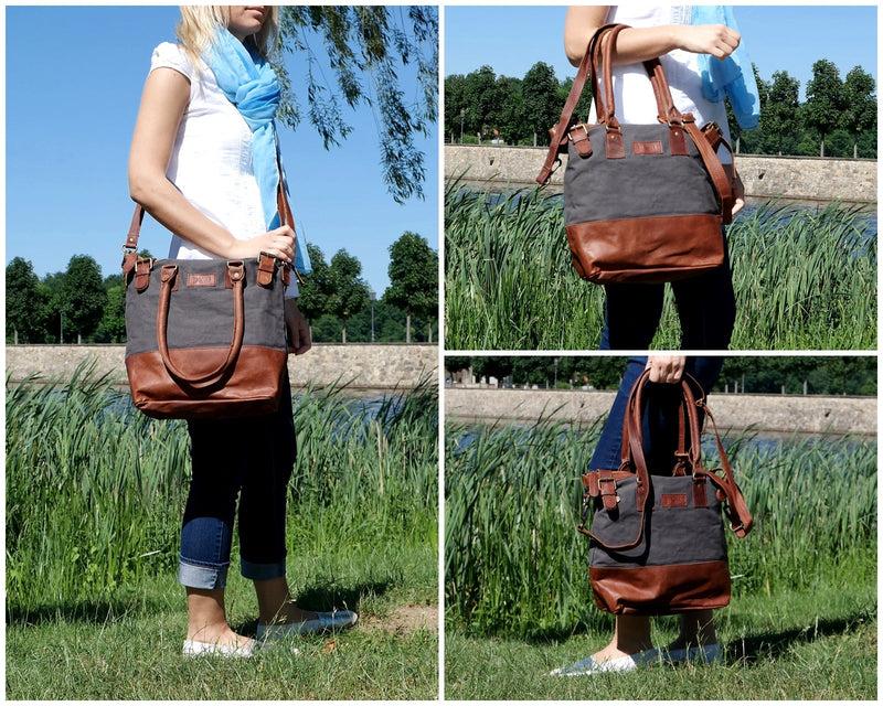 Leconi Schultertasche Handtasche kleiner Shopper Leder Canvas grau LE0056 Kostenlose Rückgabe