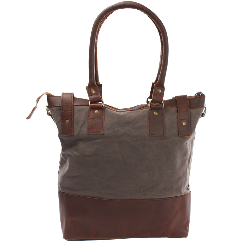 Leconi Schultertasche Handtasche kleiner Shopper Leder Canvas grau LE0056 Kostenlose Rückgabe