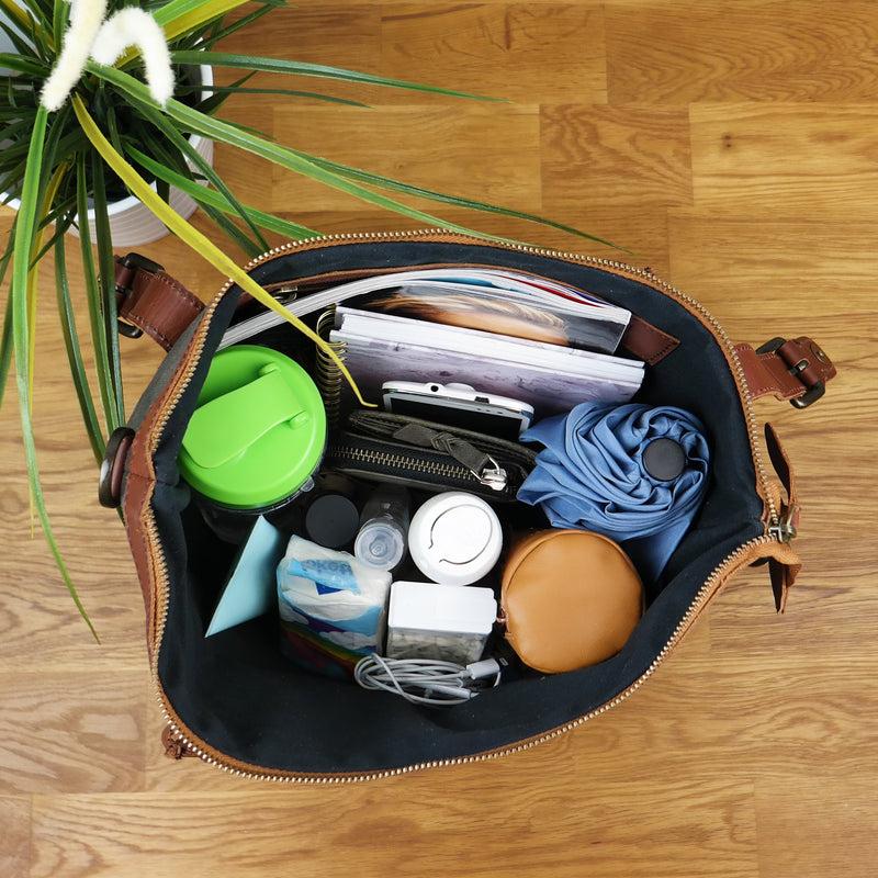 Leconi Schultertasche Handtasche kleiner Shopper Leder Canvas grau LE0056 Kostenlose Rückgabe