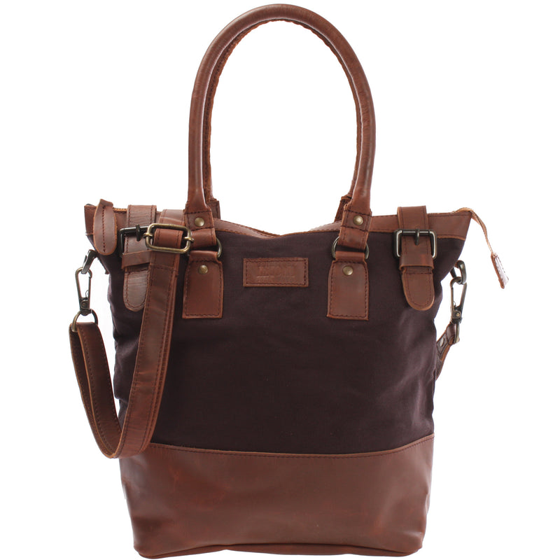 Leconi Schultertasche Handtasche kleiner Shopper Leder Canvas mokka LE0056 Begrenzte Freigabe
