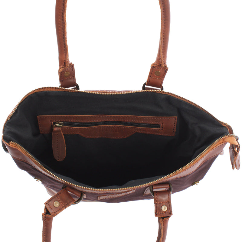 Leconi Schultertasche Handtasche kleiner Shopper Leder Canvas mokka LE0056 Begrenzte Freigabe