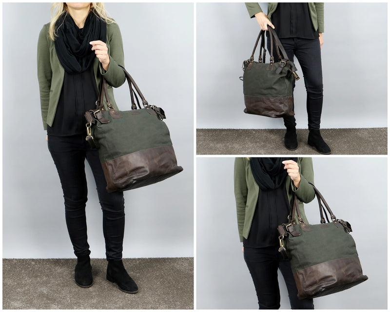 Leconi XXL Shopper Schultertasche Beuteltasche Leder Canvas grün LE2005 Letzte 2 Tage