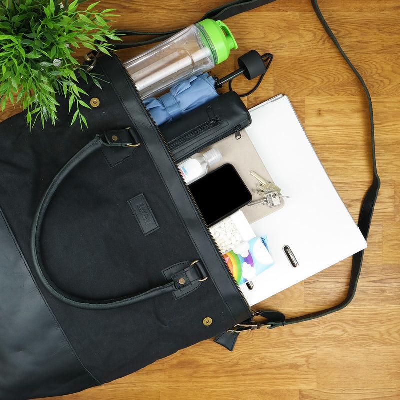 Leconi XXL Shopper Schultertasche Beuteltasche Leder Canvas schwarz LE2005 Bis zu 50% Rabatt