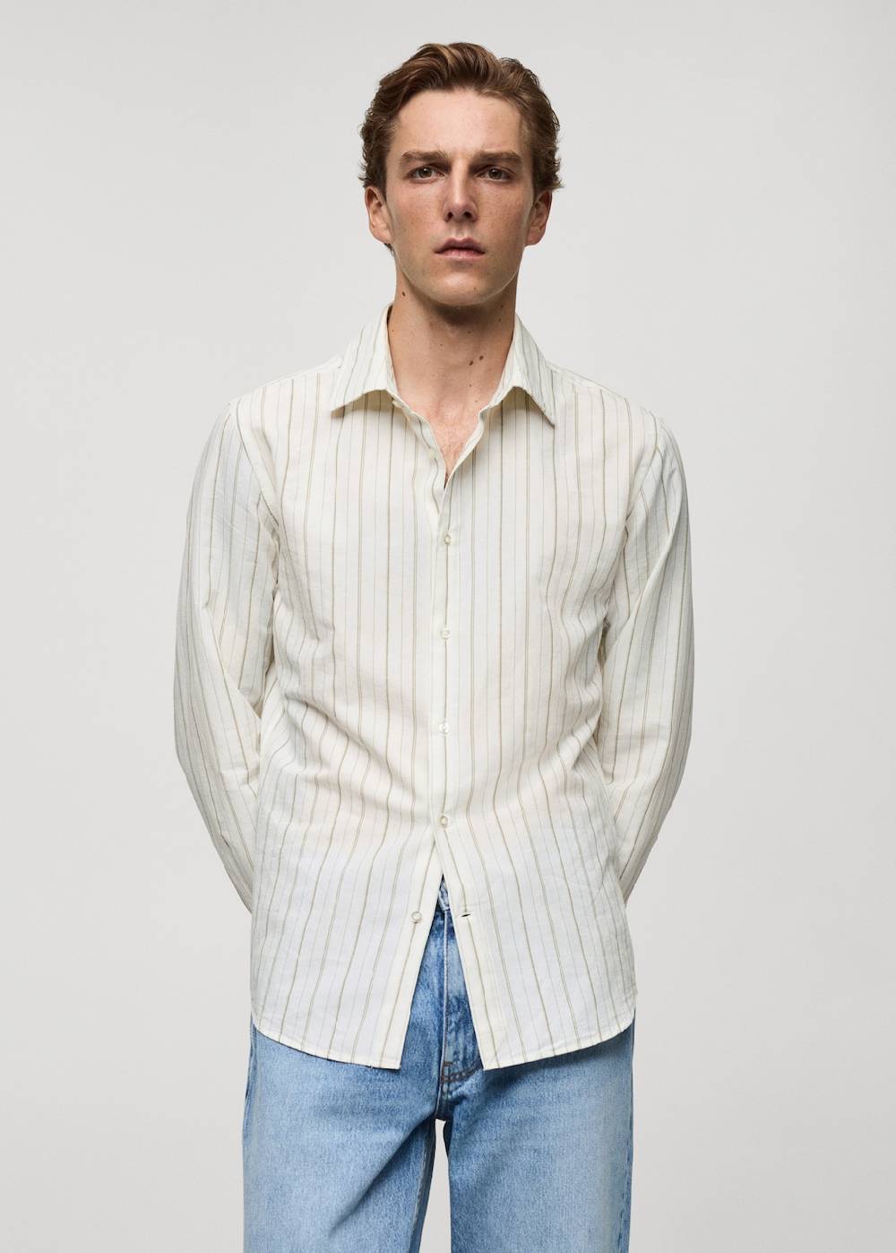 Mango Gestreiftes Regular-Fit-Hemd aus Leinen mit Baumwolle Online Outlet
