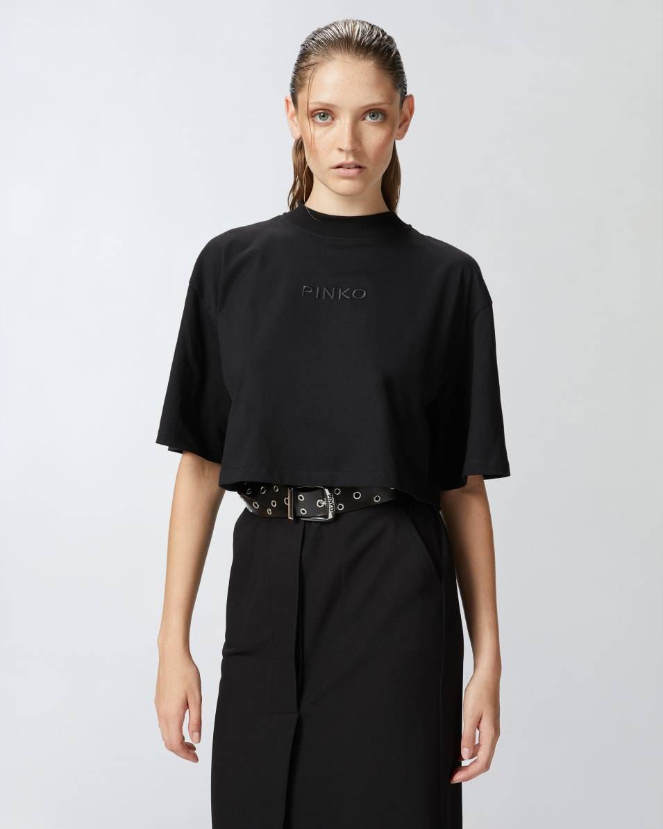 Pinko Cropped-T-Shirt mit Logo-Stickerei Schlussverkauf