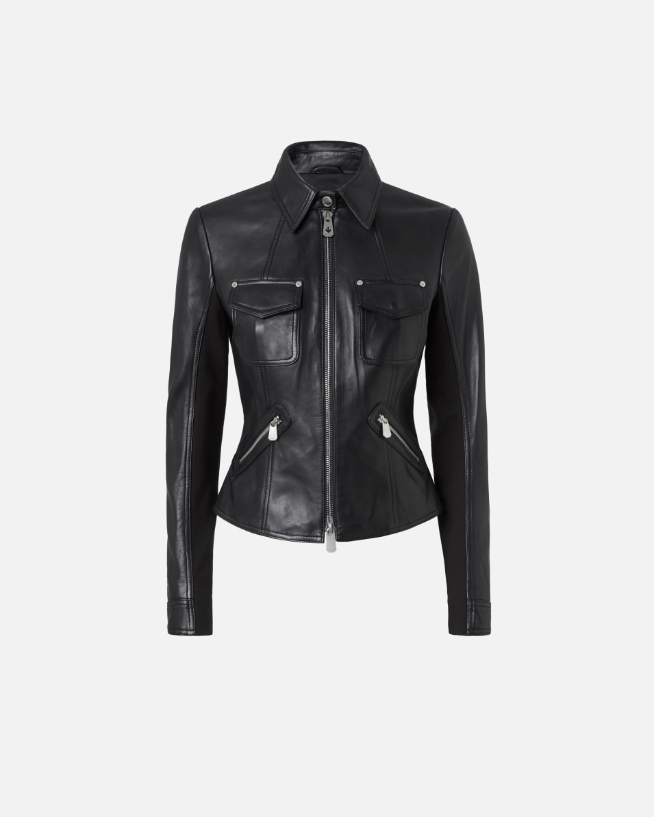 Pinko Kurze Bikerjacke aus Leder und technischem Gewebe Saisonale Angebote