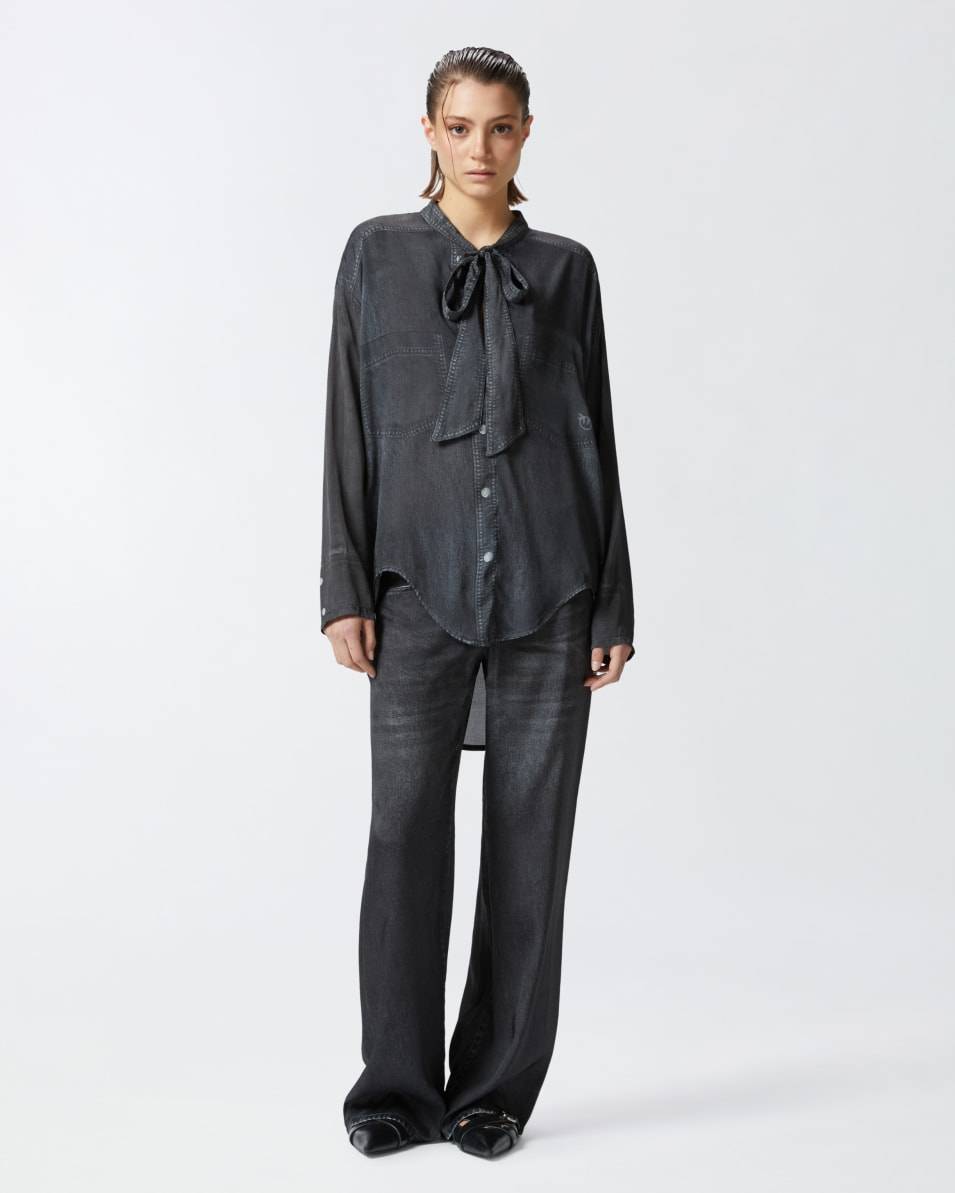 Pinko Leichte Bluse mit schwarzem Denim-Print Discount Store für neue Produkte