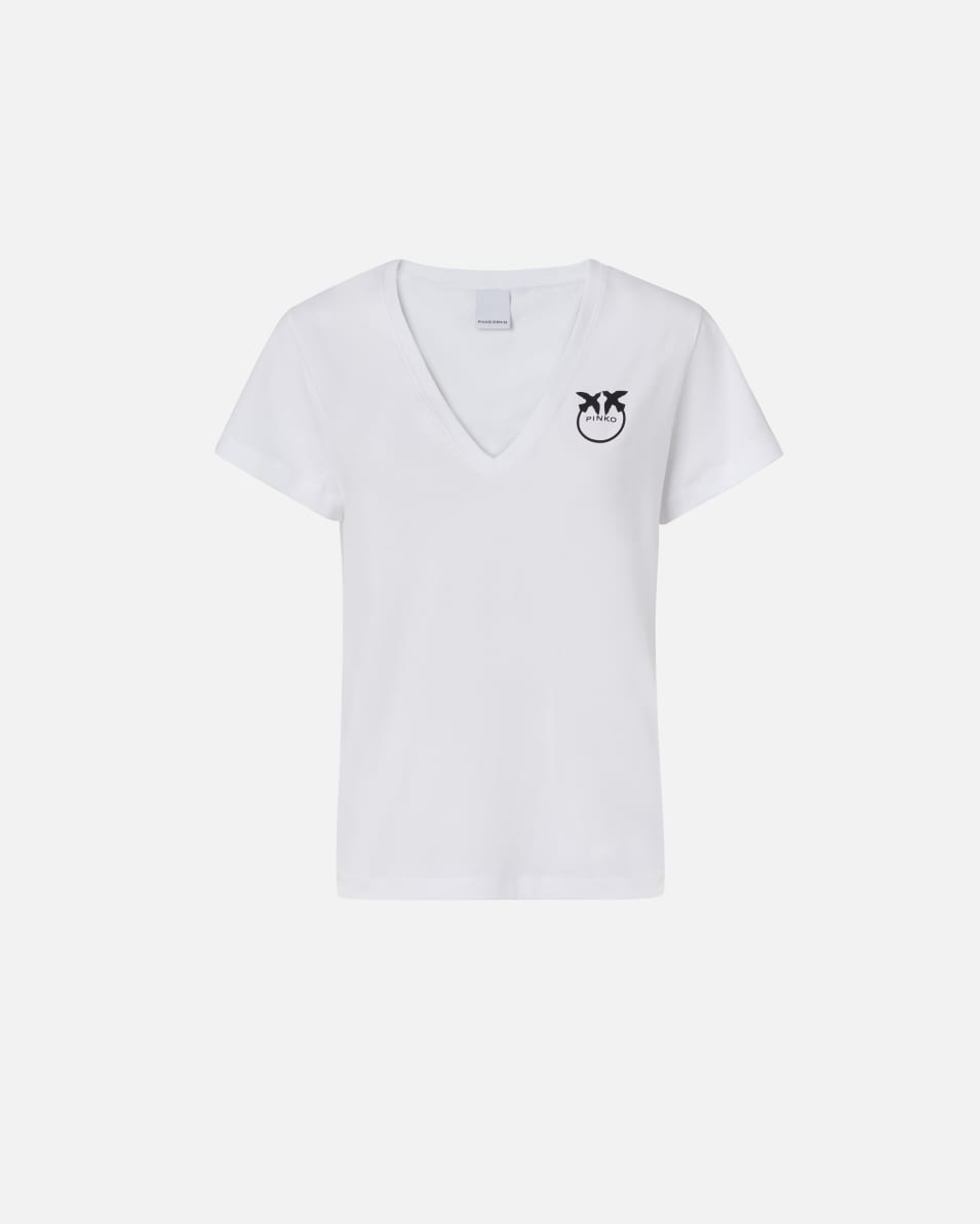 Pinko T-Shirt mit V-Ausschnitt und Logo-Print Rabatte dieses Monats