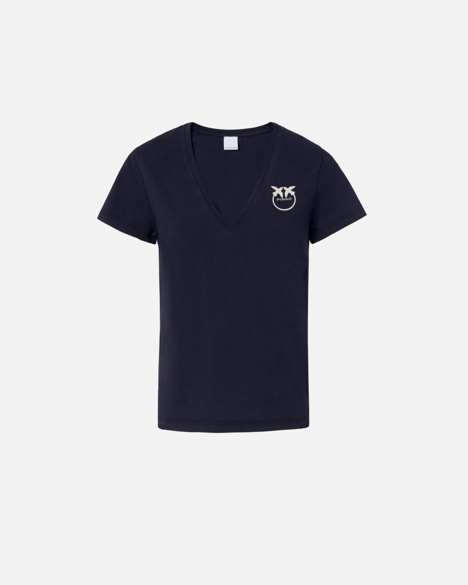Pinko T-Shirt mit V-Ausschnitt und Logo-Print Kostenlose Rückgabe