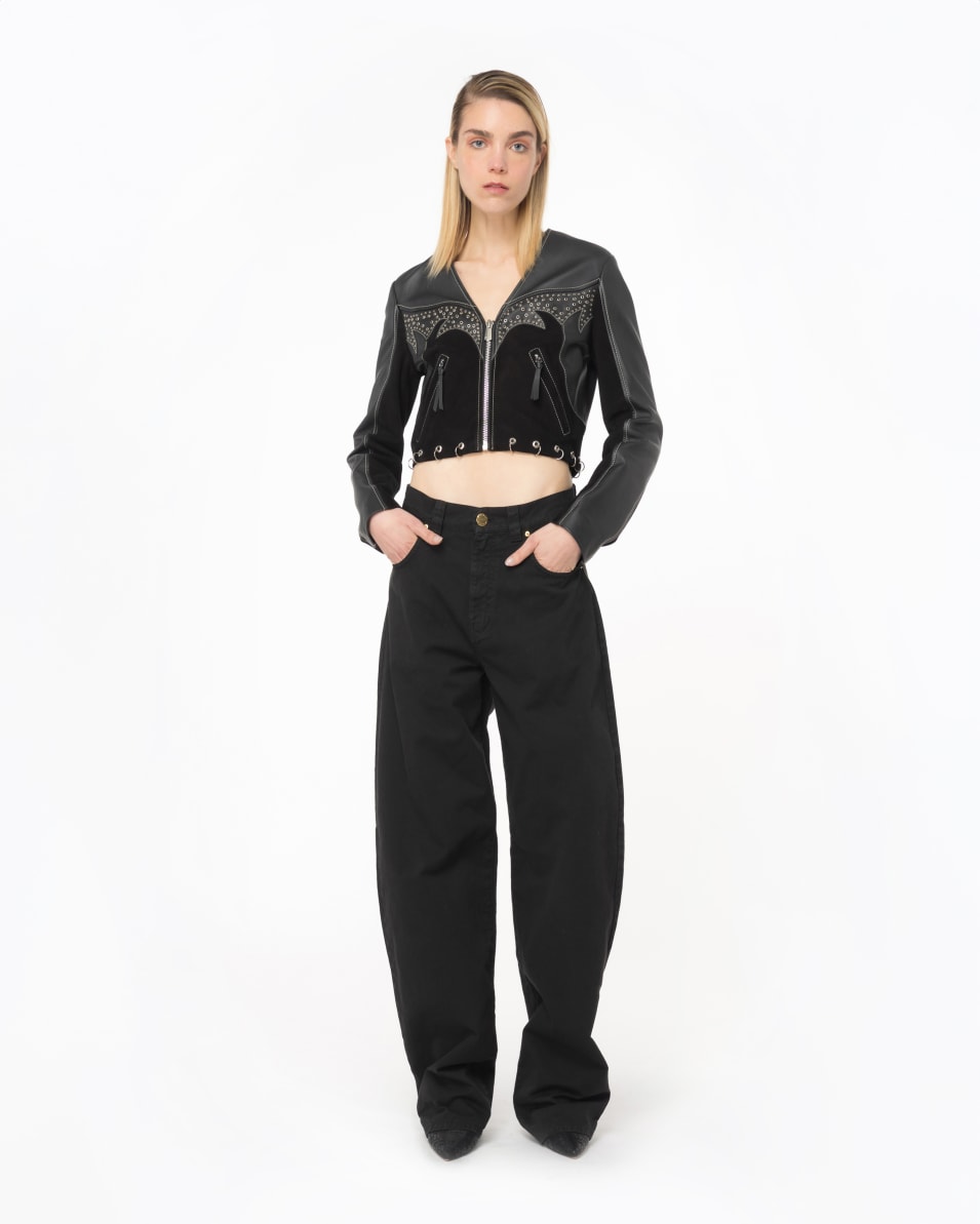 Pinko Bikerjacke aus Leder und Wildleder mit Piercings 2025