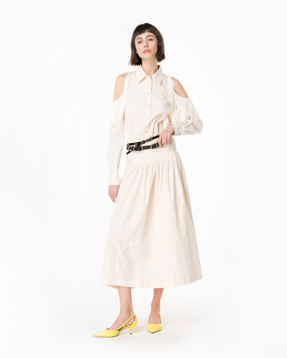Pinko Schulterfreies Hemdblusenkleid mit Fransen im Angebot